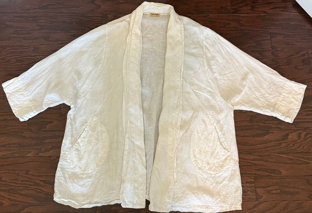 Tera Bora 100% Linen Open Front Cardigan Kimono Jacket White One Size Oversized